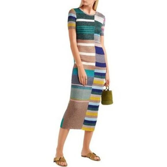 Missoni Metallic Striped Ribbed Knit Midi Dress Green Lettuce Hem Multicolor - Picture 1 of 12